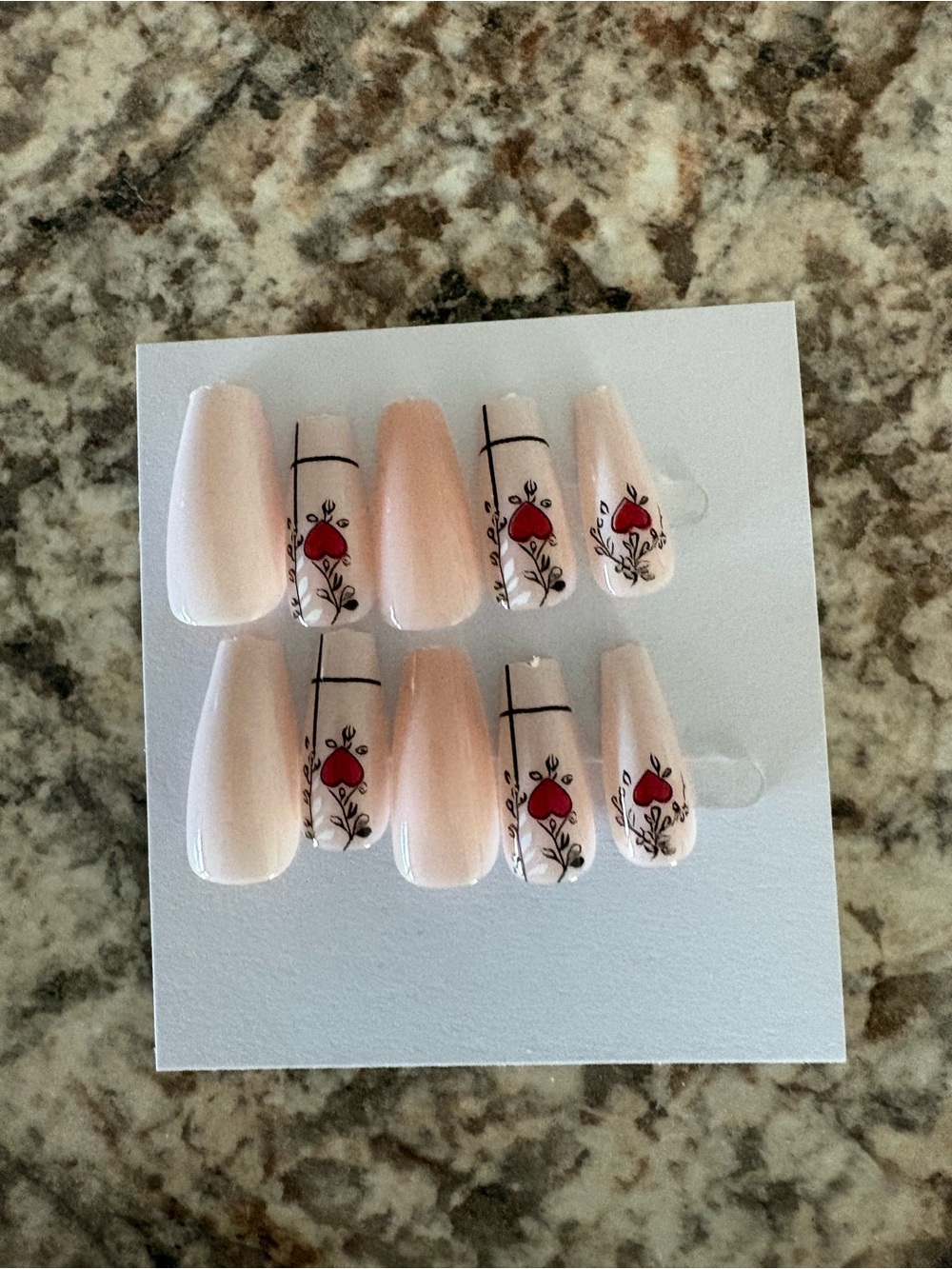 Nude Ombre Press-On Nails with Red Heart Floral Accent
